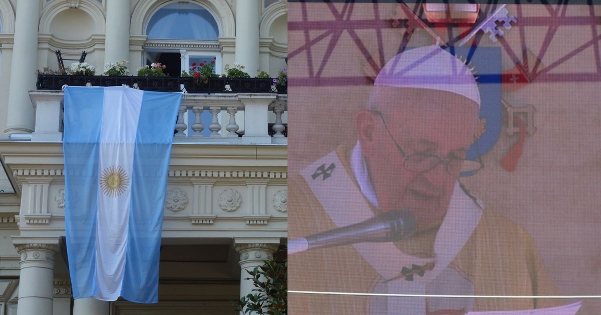 Flaga Argentyny i Papież Franciszek.