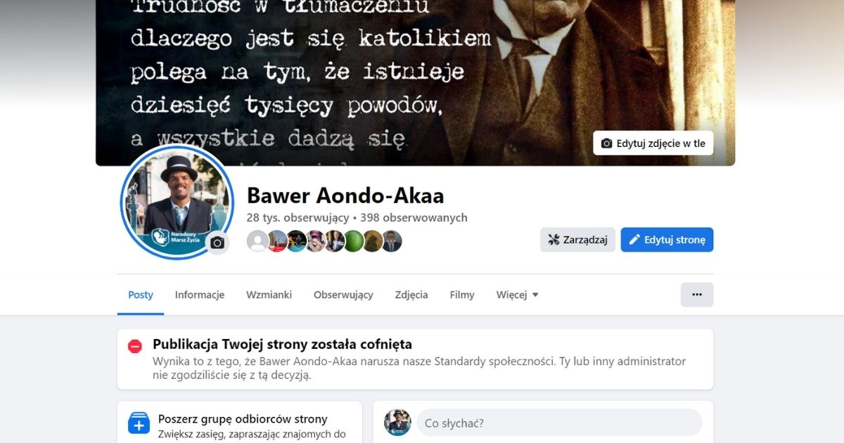 Facebook wycofał publikację strony Bawer Aondo-Akaa.